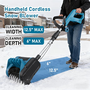 21V cordless electric snow blower shovel clearing snow from a driveway