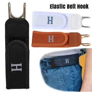 Buckle-free elastic belt with metal hook closure, front view