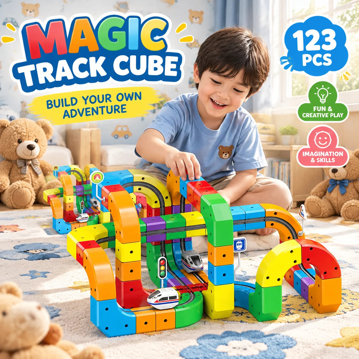 Magic track building block toy with electric rechargeable train, full set view