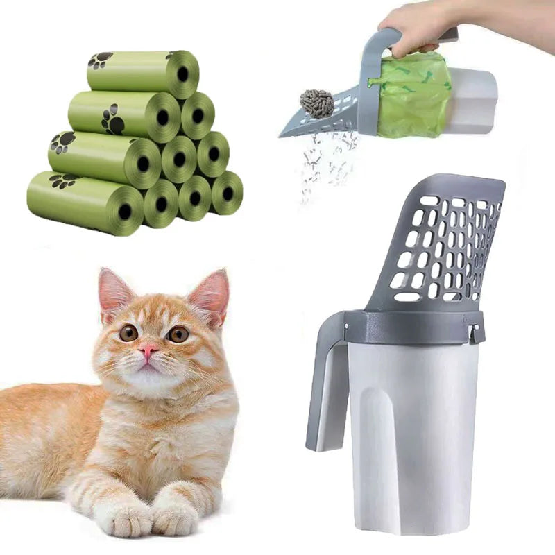 Detachable cat litter scooper with built-in waste bag storage and bags included