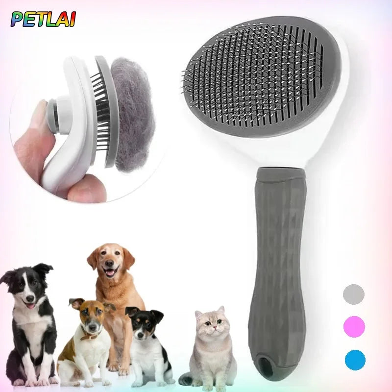 Self-cleaning pet slicker brush with anti-slip handle, front view