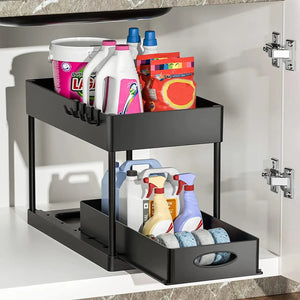 2 tier sliding under sink organiser with pull out drawer, main product view