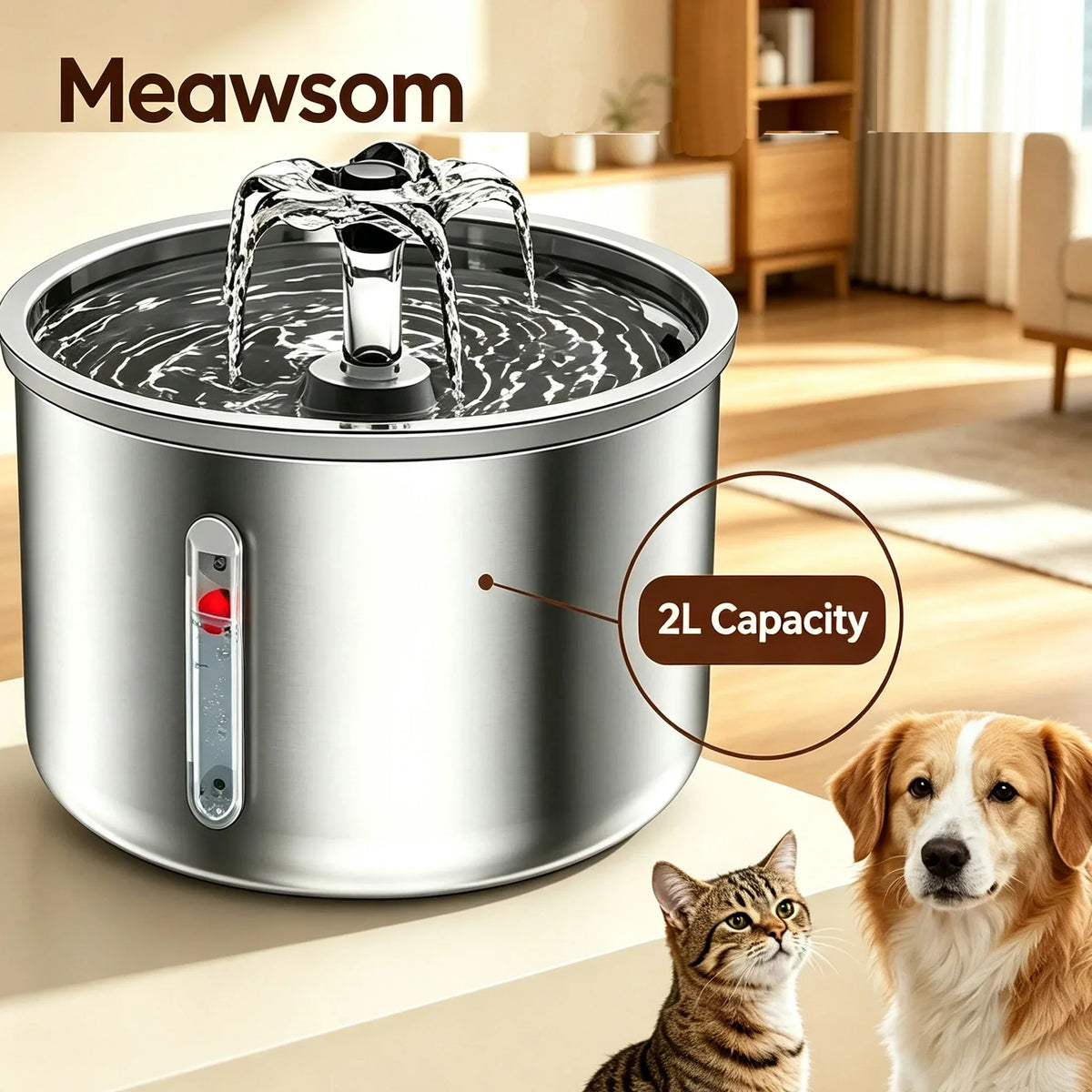 Automatic cat water fountain with 304 stainless steel tank, circulating flow and quiet pump