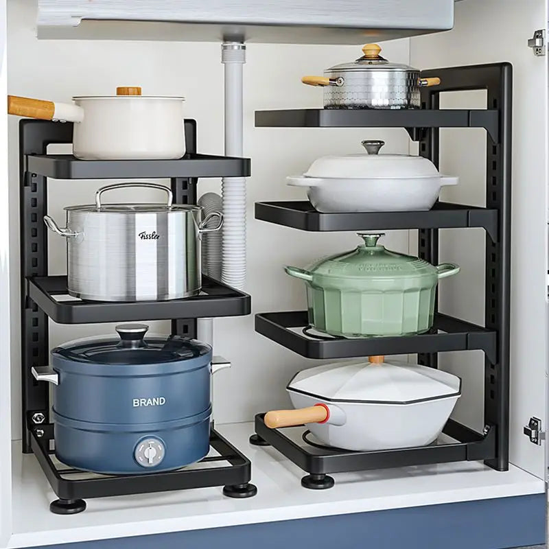 Stainless steel multi-layer pot rack organiser for under sink storage, main product view
