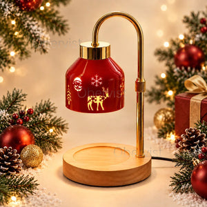 Christmas candle warmer lamp with red metal shade and wooden base melting a jar candle