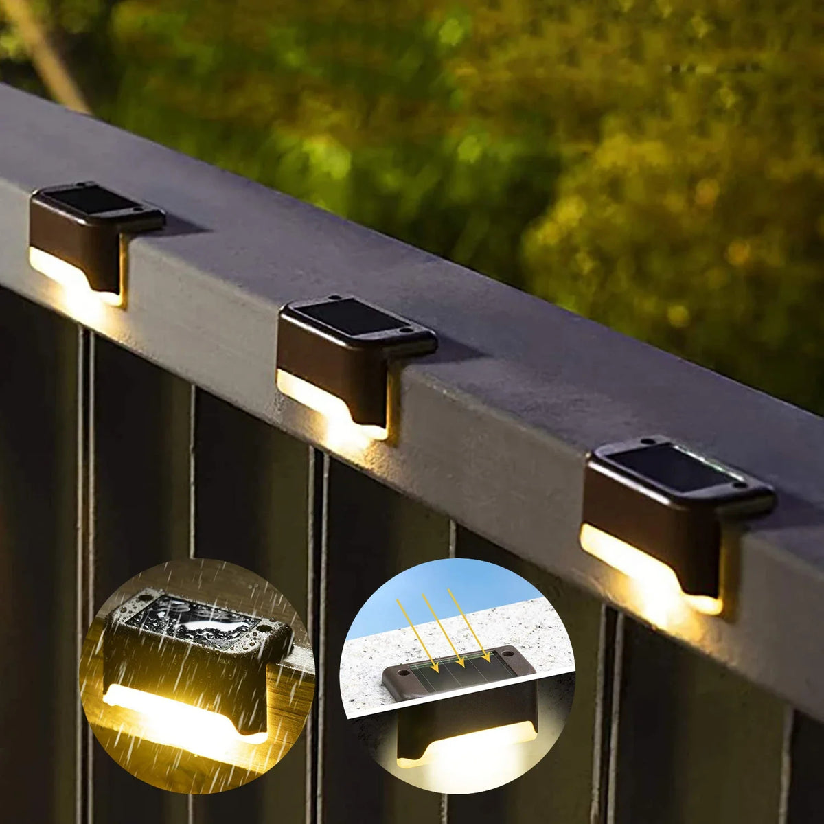Waterproof solar LED step lights installed on outdoor deck stairs glowing at night
