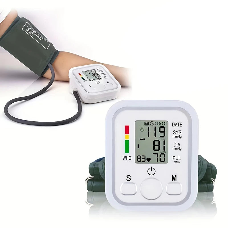 Automatic upper arm blood pressure monitor with cuff and digital display