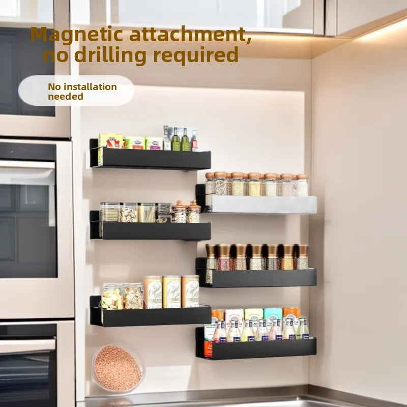 Magnetic stainless steel spice rack mounted on a refrigerator side
