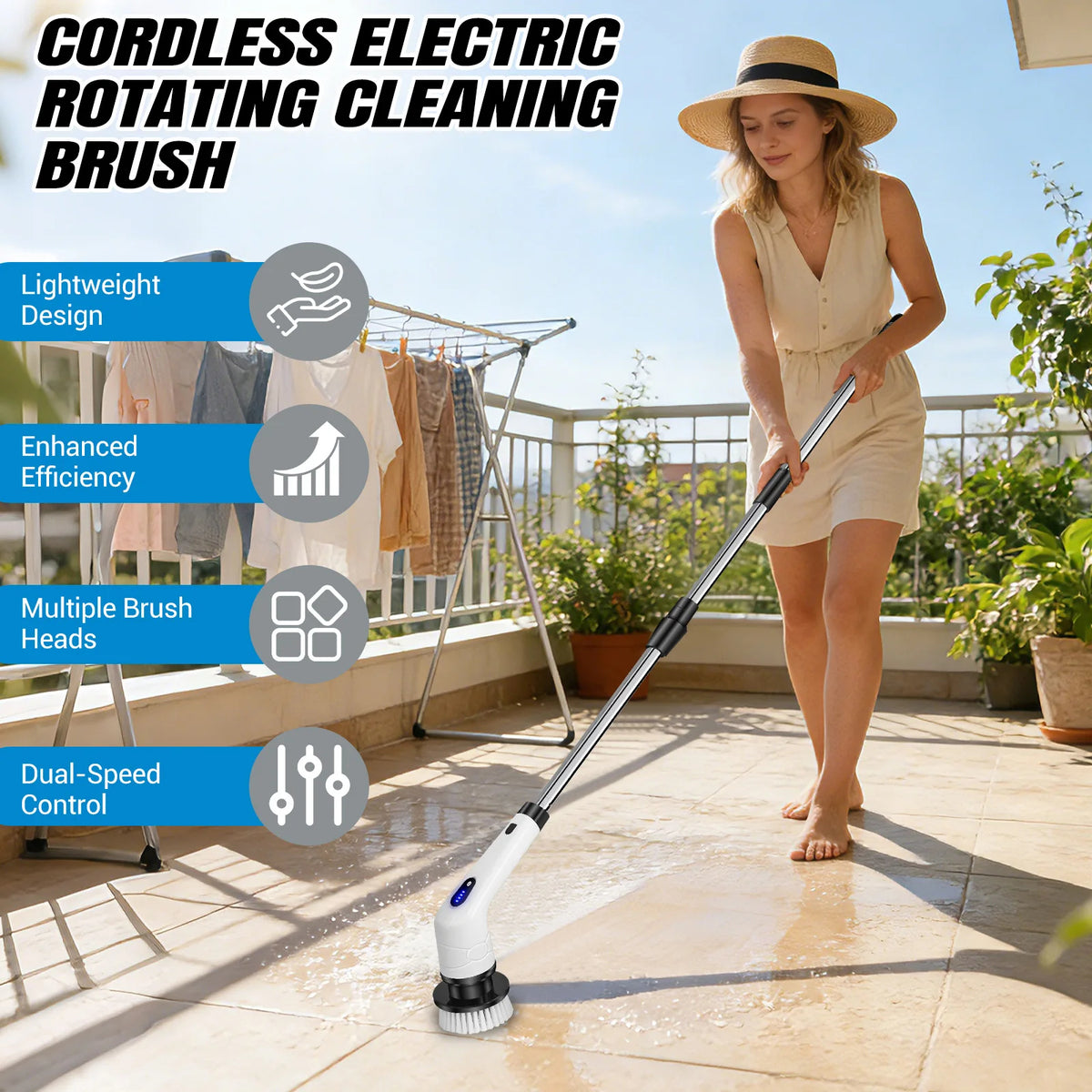 Electric Spin Scrubber – Cordless Shower Cleaning Brush with 9 Heads & Long Handle