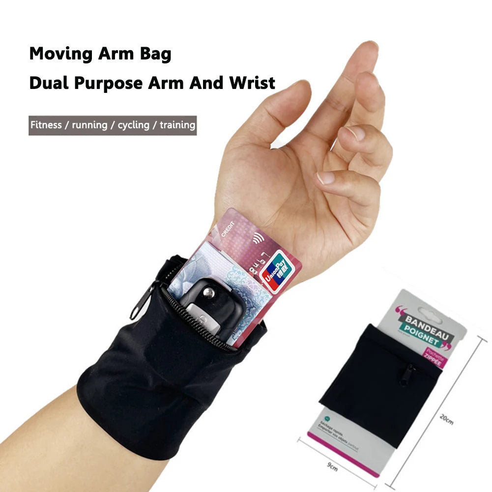 Running wrist wallet band with secure pocket worn on arm for keys and cards