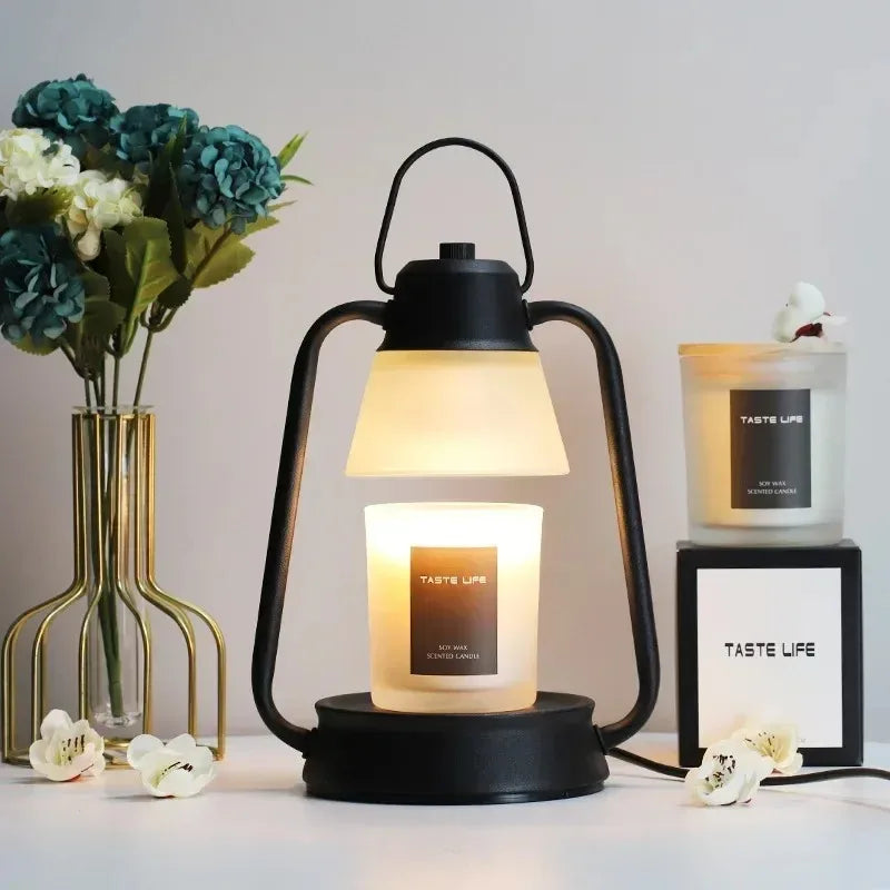 Retro black candle warmer lamp on a bedside table, flameless and stylish
