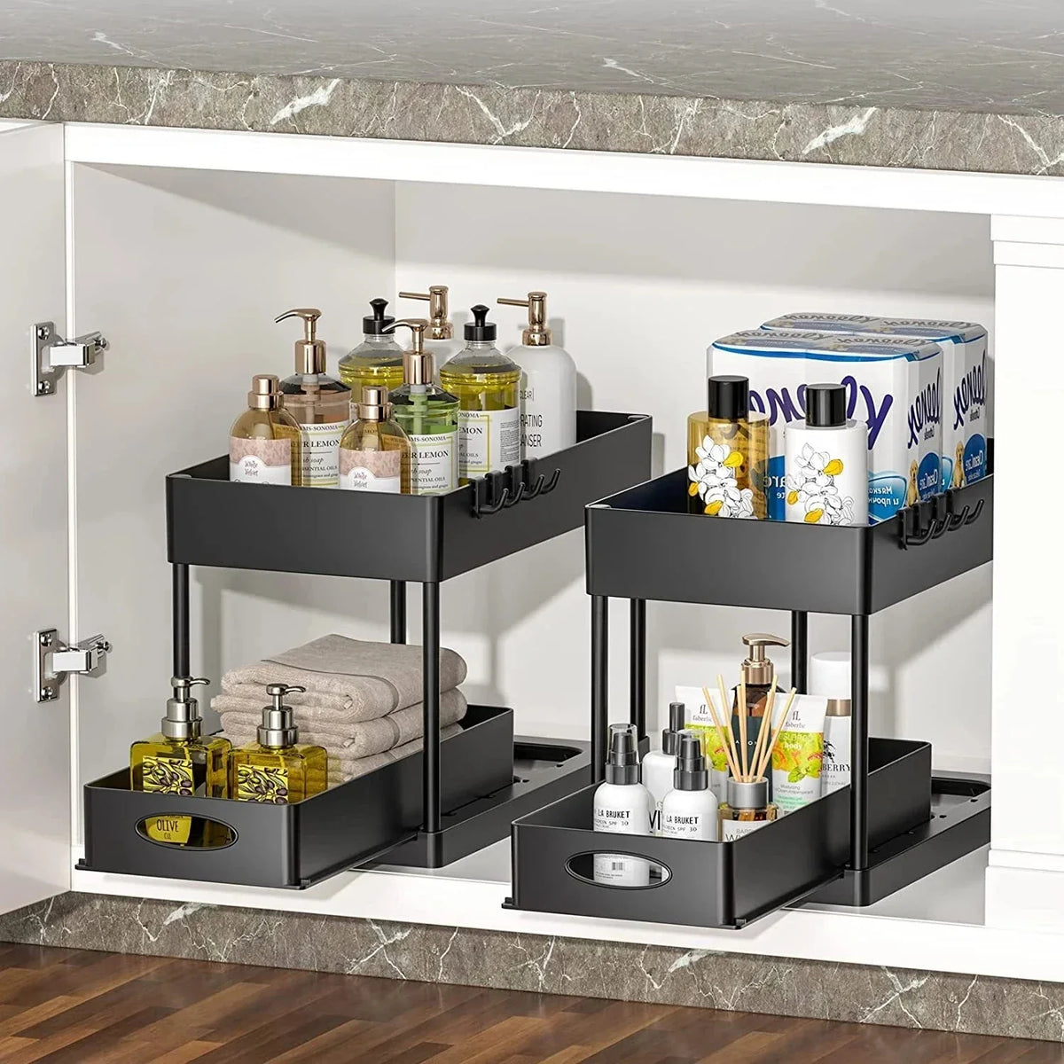 2 Tier Sliding Under Sink Organiser – Pull Out Kitchen Cupboard Storage Rack