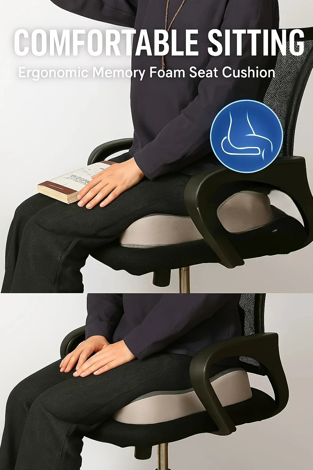 Memory Foam Seat Cushion – Non-Slip Comfort Cushion for Office Chair & Car Seat, Grey