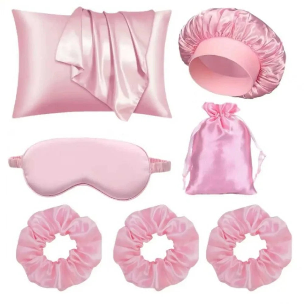 7 pcs satin sleep gift set with pillowcase, eye mask, shower cap, scrunchies and storage bag