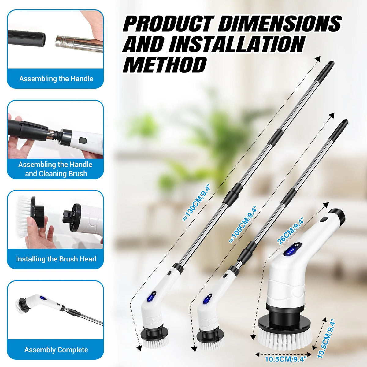 Cordless electric spin scrubber with adjustable long handle and 9 replaceable brush heads for bathroom and kitchen cleaning