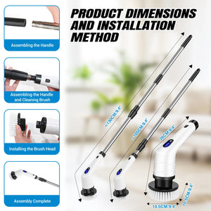 Cordless electric spin scrubber with adjustable long handle and 9 replaceable brush heads for bathroom and kitchen cleaning