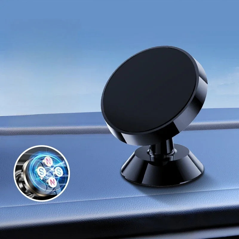 Metal magnetic car phone holder with 360 degree rotating mount holding a smartphone