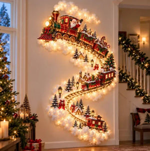 Christmas magic trail LED wall light with glowing Santa sleigh and reindeer scene hanging on a wall