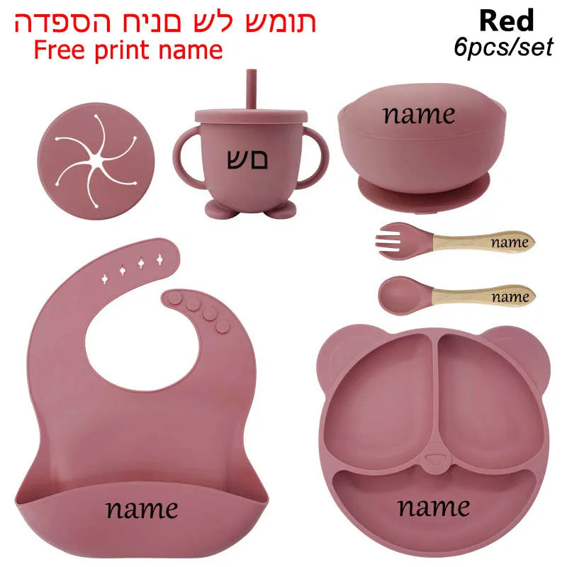 Personalized baby silicone feeding set with suction bowl, plate, cups and spoon